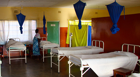Mosquito nets hang abover beds in a hospital ward