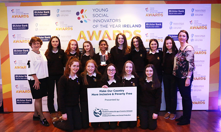 Winners of the Make Our Country More Inclusive and Poverty Free award, Loreto Secondary School, Letterkenny, Co. Donegal with YSI Guide, Siobhan McKeague and Kathleen Stack, Department for Employment Affairs and Social Protection